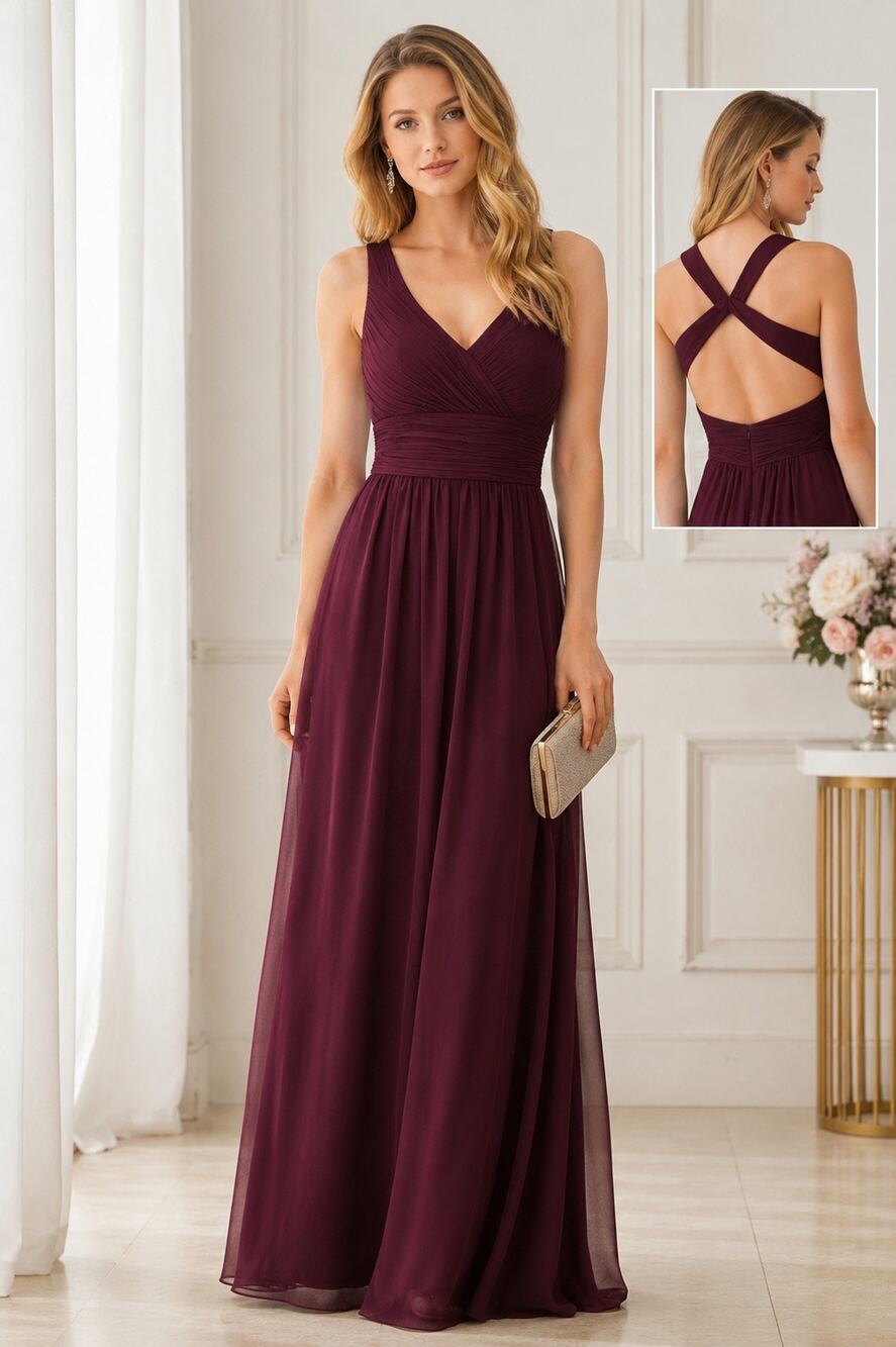 Bill Levkoff Eggplant Chiffon Cross Back Bridesmaid Gown Formal Maxi Dress | 12